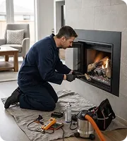 Installer connecting a fireplace insert and checking its function