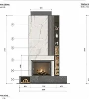 Technical drawing of a fireplace system with dimensions