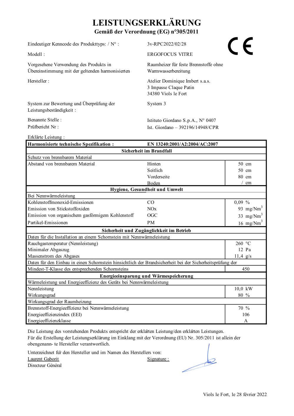 Leistungserklärung: Ergofocus vitré – Leistungserklärung