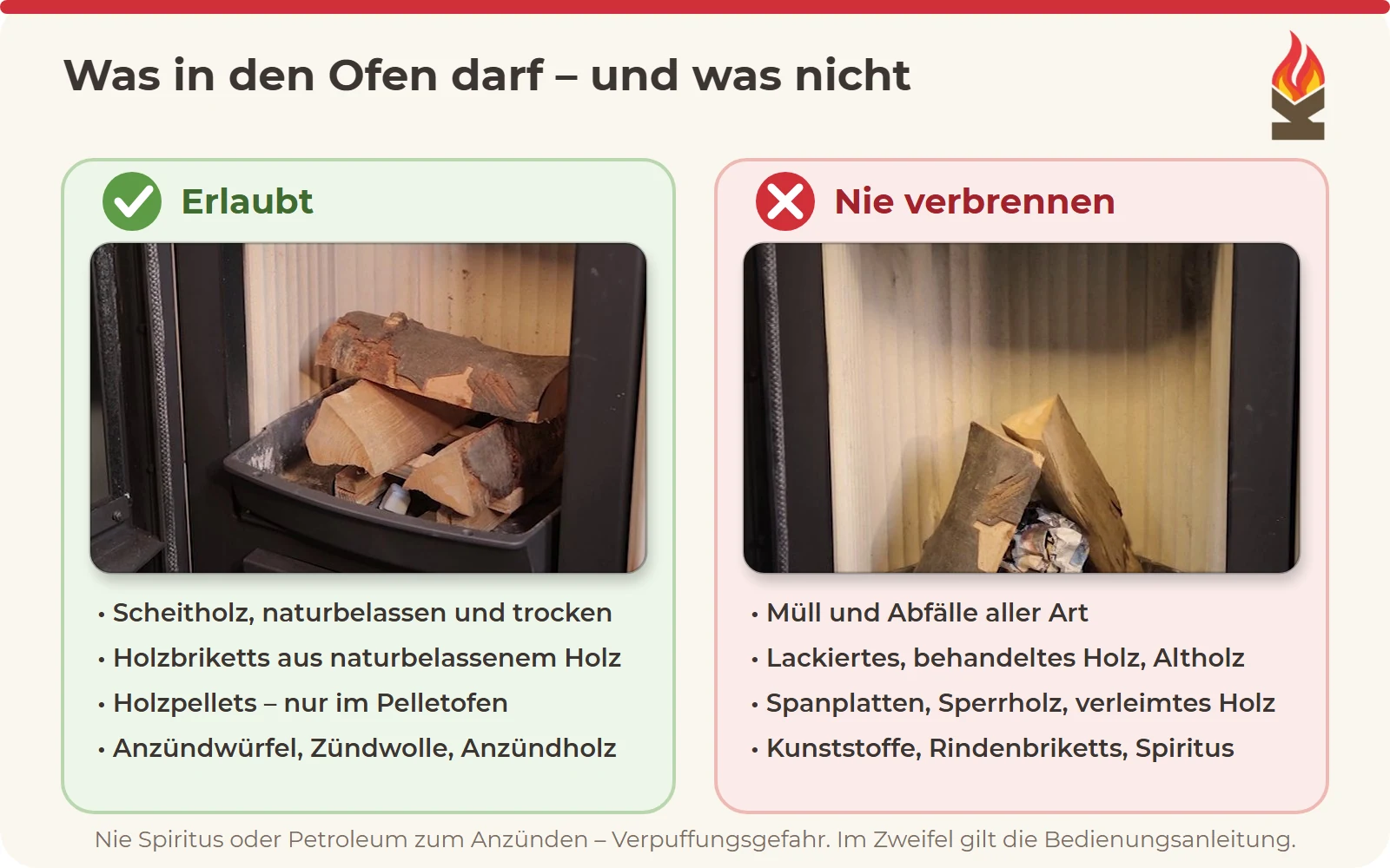 Zwei Fotos: links erlaubt – naturbelassene, trockene Holzscheite im Ofen; rechts verboten – Müll und Papier im Ofen. Darunter Listen der erlaubten und verbotenen Brennstoffe.