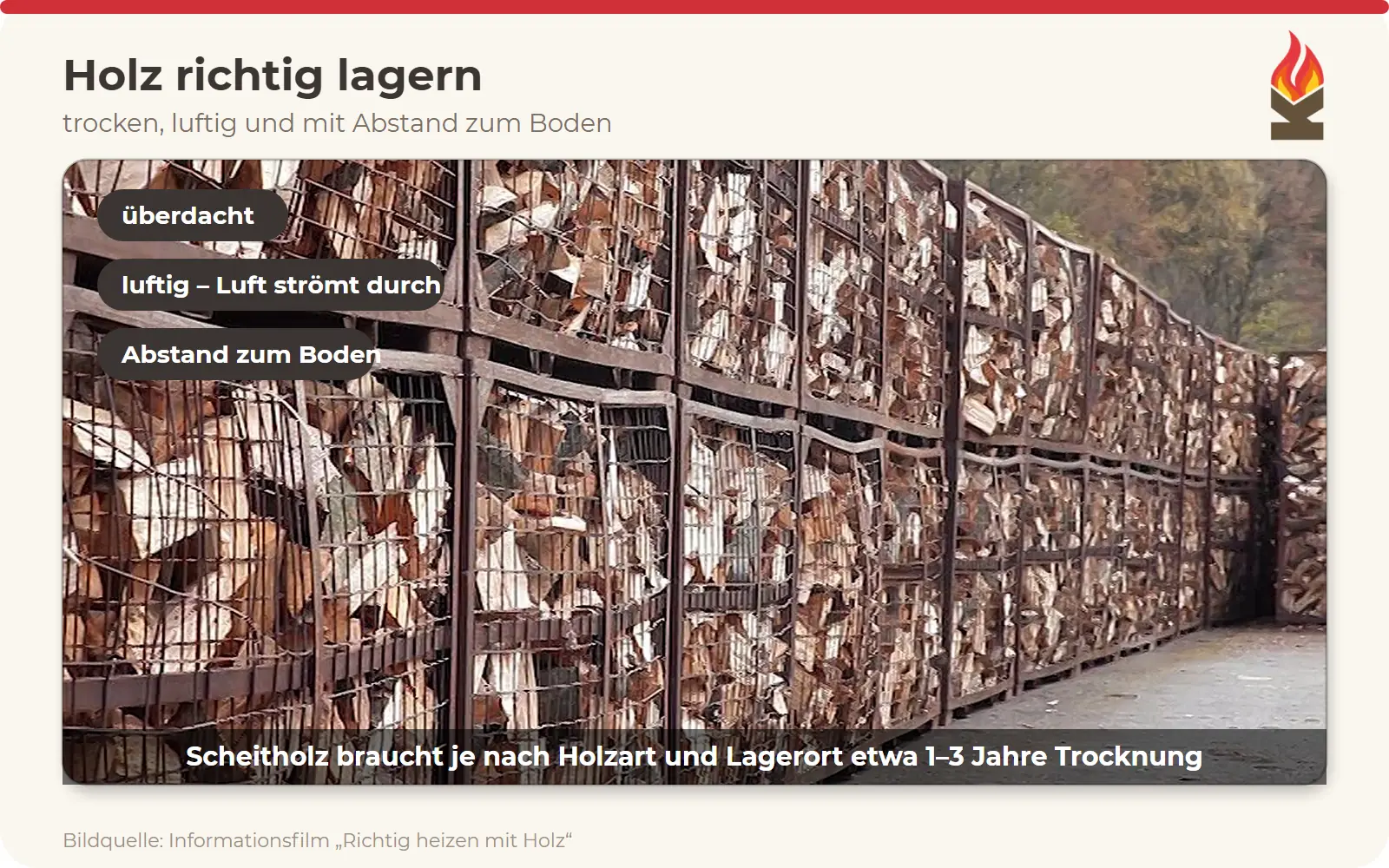 Grafik zur richtigen Lagerung von Brennholz: überdacht, mit Abstand zum Boden und zur Wand, an den Seiten offen.