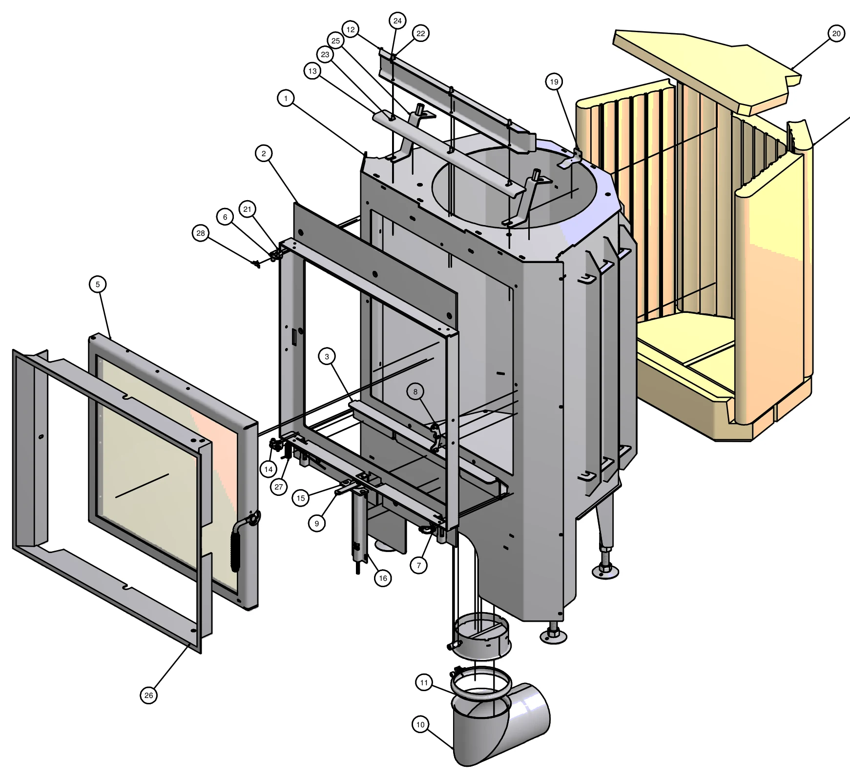 Exploded view of a wood-burning stove with spare parts