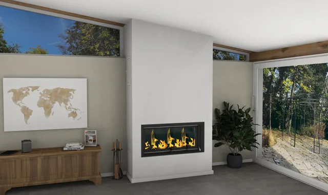 3D-Ansicht: Wandkamin unter dem Pultdach, Blick zum Garten