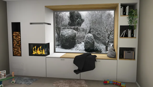 3D-Ansicht: Eckkamin mit Fensterbank, Holzfach und Regal
